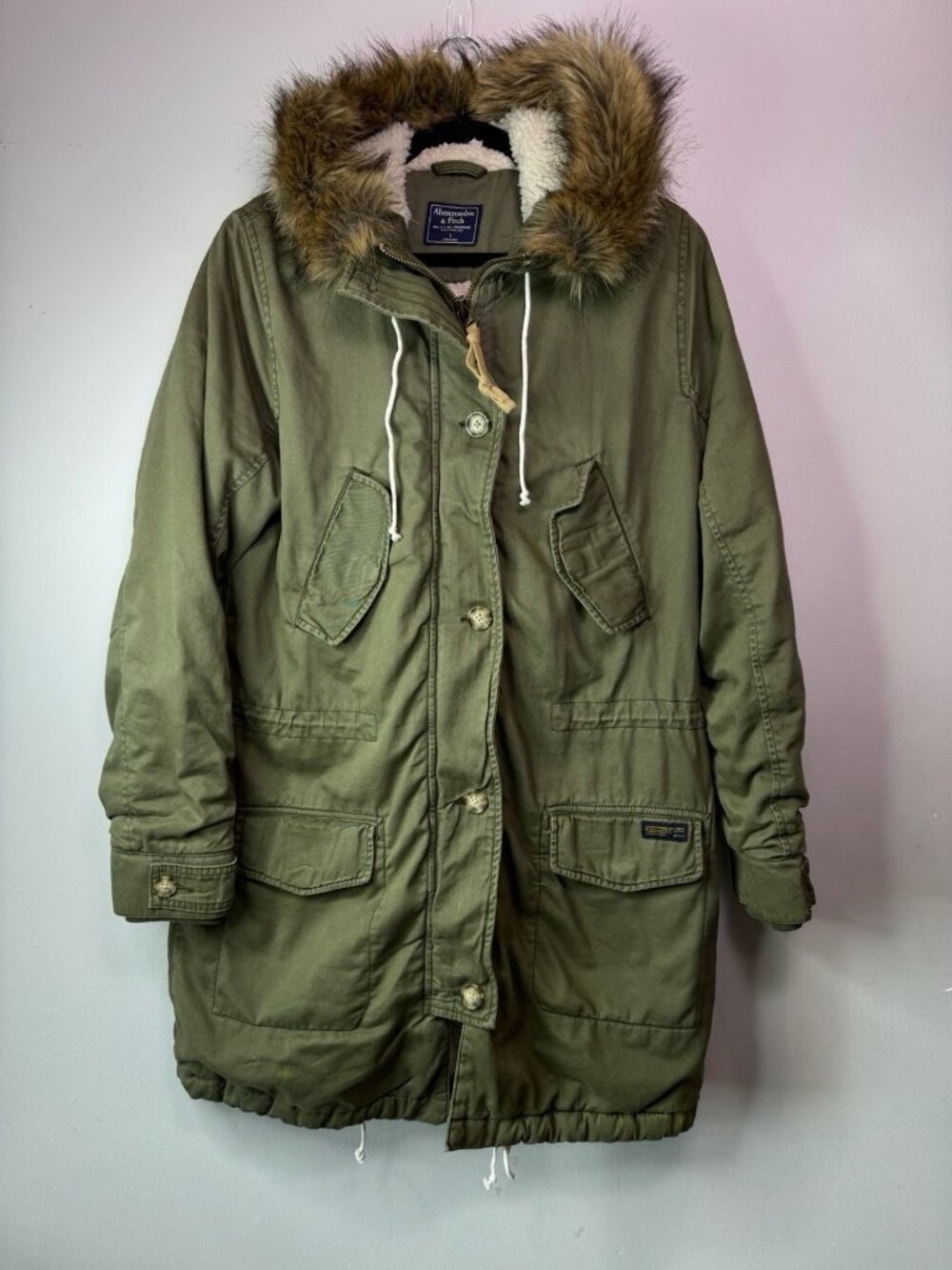 VTG Abercrombie & Fitch Y2K Sherpa Lined Military Parka Jacket Green Large